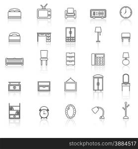 Bedroom line icons with reflect on white, stock vector
