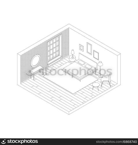 Bedroom line interior.. Bedroom in isometric view. Vector illustration of room with brick wall, bed, armchair and console with mirror.