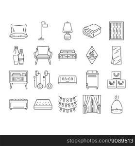 bedroom room interior bed icons set vector. modern home, furniture wall, apartment decor, space cozy, style light bedroom room interior bed black contour illustrations. bedroom room interior bed icons set vector
