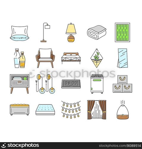 bedroom room interior bed icons set vector. modern home, furniture wall, apartment decor, space cozy, style light bedroom room interior bed color line illustrations. bedroom room interior bed icons set vector