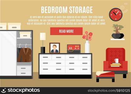 Bedroom Storage Illustration . Bedroom storage with chest of drawers jewelry case and wardrobe flat vector illustration