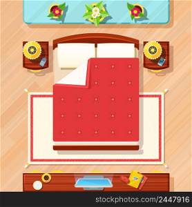 Bedroom top view design with bed TV lamps and flowers flat vector illustration. Bedroom Design Illustration