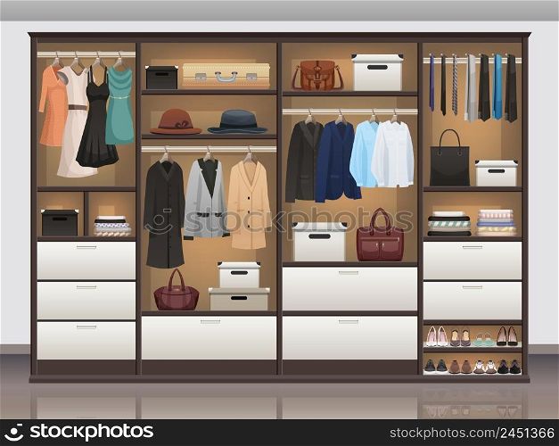 Bedroom wardrobe closet storage with interior organizers shoe racks and hanging rails for clothes realistic vector illustration . Wardrobe Storage Interior Realistic