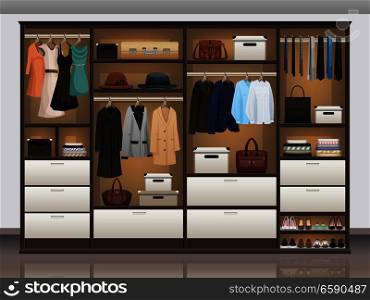 Bedroom wardrobe closet storage with interior organizers shoe racks and hanging rails for clothes realistic vector illustration . Wardrobe Storage Interior Realistic