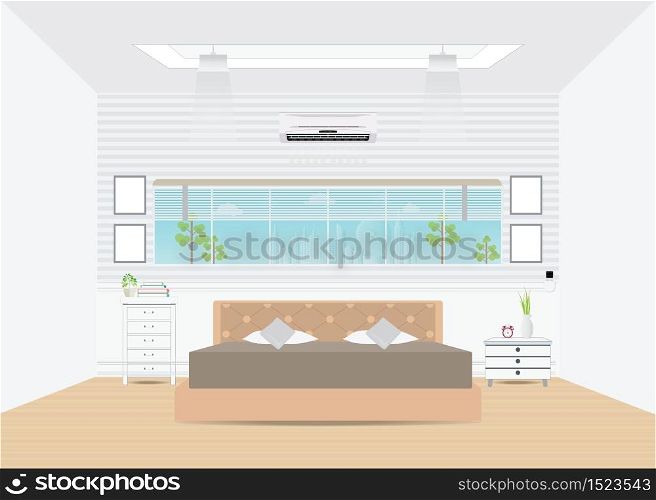 Bedroom with double bed and furniture, Bedroom interior design, conceptual Vector illustration.