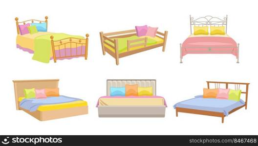 Beds with pillows, headboard and blankets set. Vector illustrations of furniture for home or hotel interior. Cartoon single and double bed for adults and children isolated on white. Bedroom concept. Beds with pillows, headboard and blankets set