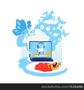 Bedtime story broadcast flat concept vector illustration. Child listen to audiobook. Ebook fairy tale. Kid in bed 2D cartoon characters for web design. Storytelling online creative idea. Bedtime story broadcast flat concept vector illustration