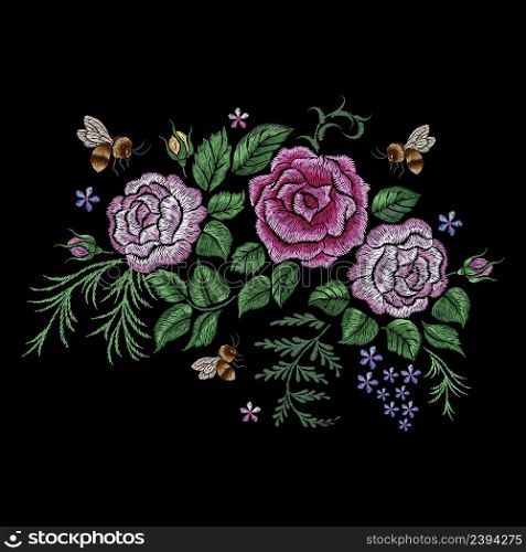 Bee and flowers embroidery. Botanical bedding silk stitch rose with flying bees. Insect and bouquet, fashion mascot ornament. Nowaday floral vector patch. Illustration of embroidery botanical. Bee and flowers embroidery. Botanical bedding silk stitch rose with flying bees. Insect and bouquet, fashion mascot ornament. Nowaday floral vector patch