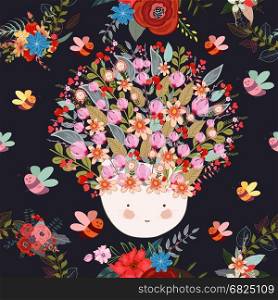 Bee and girl face floral background pattern, flower, seamless