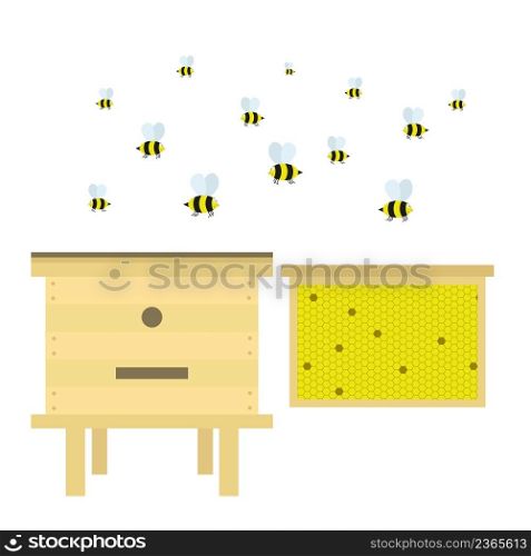 Bee apiary concept vector illustration. Beehive, bees, honeycombs and propolis cartoon. Beekeeping, production and collection honey