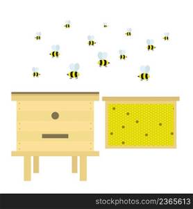 Bee apiary concept vector illustration. Beehive, bees, honeycombs and propolis cartoon. Beekeeping, production and collection honey