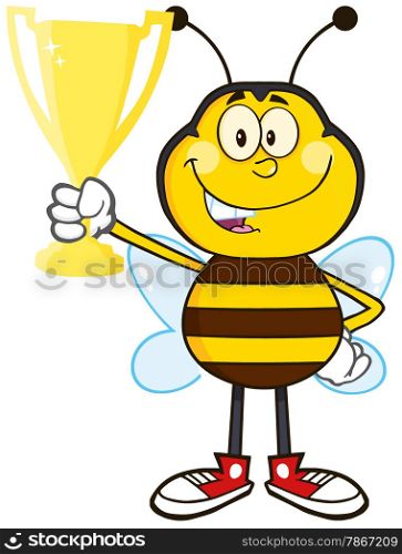 Bee Cartoon Mascot Character Holding A Golden Trophy
