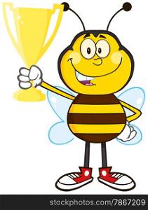 Bee Cartoon Mascot Character Holding A Golden Trophy