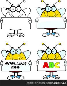 Bee Cartoon Mascot Characters. Set Collection 4