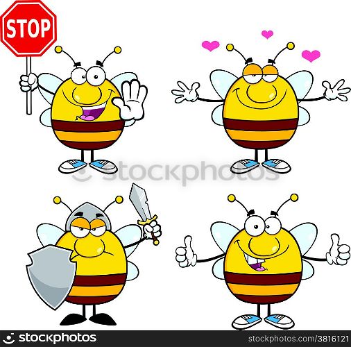 Bee Cartoon Mascot Characters. Set Collection 6