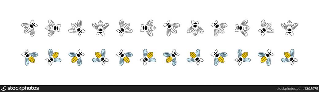 Bee collection. Honey bees in different direction, isolated on white background. Bee vector icon. Vector illustration.