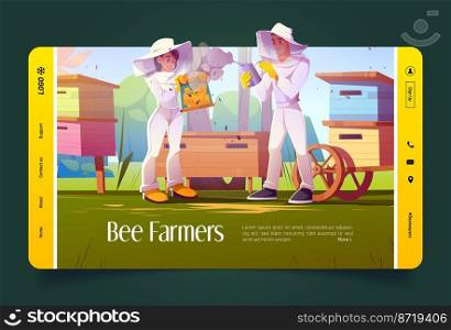 Bee farmers cartoon landing page, beekeepers work on apiary smoking honeycomb frame with smoker. Apiarists workers care of hives, insects and honey on natural farm at summer time, Vector web banner. Bee farmers cartoon landing page, beekeepers work