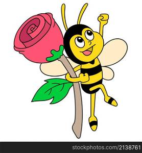 bee flying bring rose flower