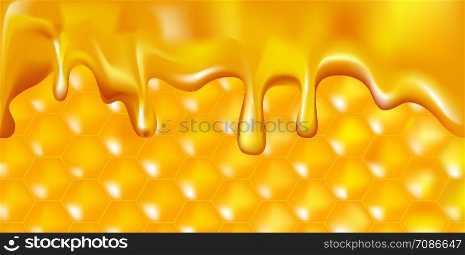 Bee hive golden background with sweet , yellow dripping honey, golden honeycomb hexagon pattern. Vector illustration.