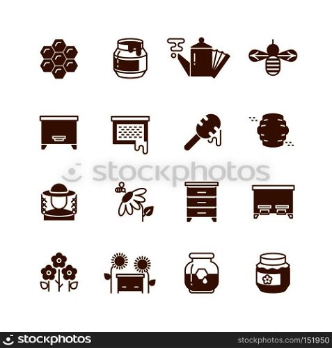 Bee hive, honey, bee honeycomb vector icons. Sweet honey and natural organic food illustration. Bee hive, honey, honeycomb vector icons