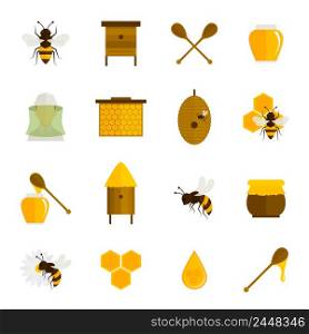 Bee honey icons flat set with food beekeeping agriculture elements isolated vector illustration