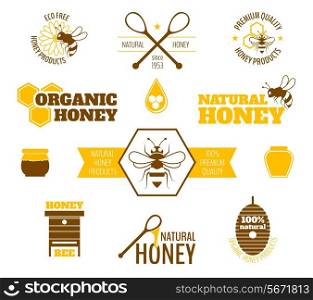 Bee honey natural organic products colored label set isolated vector illustration