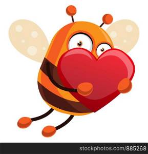 Bee is holding a big red heart, illustration, vector on white background.