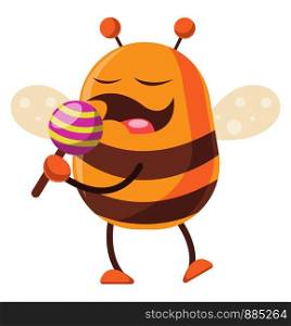 Bee is holding a lollipop, illustration, vector on white background.