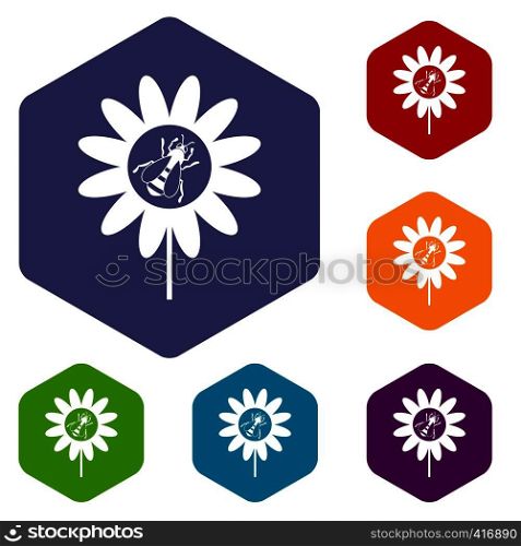 Bee on flower icons set rhombus in different colors isolated on white background. Bee on flower icons set