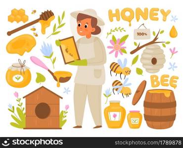 Bee products. Organic honey in glass can, healthy sweets, beekeeper woman collects honey from hives, natural sugar, flower pollen and honeycombs. Organic bio food vector cartoon flat isolated set. Bee products. Organic honey, healthy sweets, beekeeper woman collects honey from hives, natural sugar, flower pollen and honeycombs. Organic bio food vector cartoon flat isolated set