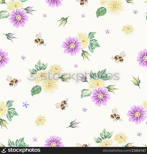 Bee seamless pattern. Embroidery daisy and bees, flying insects. Bedding silk stitch print, floral garden and botanical design, nowaday vector background. Illustration of embroidery traditional. Bee seamless pattern. Embroidery daisy and bees, flying insects. Bedding silk stitch print, floral garden and botanical design, nowaday vector background