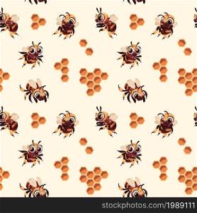 Bee seamless pattern. Print with cute cartoon flying honey bees, bug funny character and honeycomb. Wasp and bumblebee texture. Decor textile, wrapping paper and wallpaper vector isolated illustration. Bee seamless pattern. Print with cute cartoon flying honey bees, bug funny character and honeycomb. Wasp and bumblebee texture. Decor textile, wrapping paper and wallpaper, vector illustration