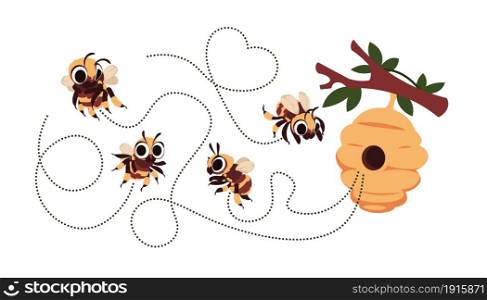 Bee trace. Cartoon flying honeybee dash route. Cute buzzing bumblebee and funny wasp drawing. Happy summer insects with beehive on tree. Vector wild fluffy bumble mascots and dotted flight tracks set. Bee trace. Cartoon flying honeybee dash route. Buzzing bumblebee and funny wasp drawing. Happy summer insects with beehive on tree. Vector wild bumble mascots and dotted flight tracks set