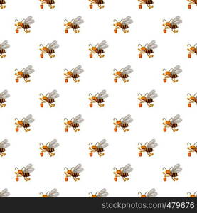 Bee with bucket of honey pattern seamless repeat in cartoon style vector illustration. Bee with bucket of honey pattern