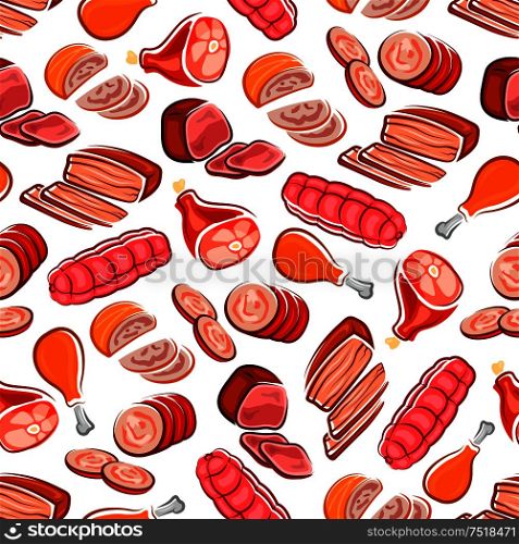 Beef and pork sausage, bacon, ham and chicken leg seamless pattern on white background. Stock farming, butcher shop and food packaging design. Sausage, bacon, ham, chicken leg seamless pattern