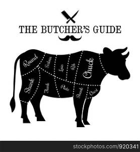 Beef, cattle meat cut lines diagram on the outline of a cow, butcher shop, market, steak house poster design, graphic black and white flat vector illustration. Beef cut lines diagram graphic poster, guide for butcher