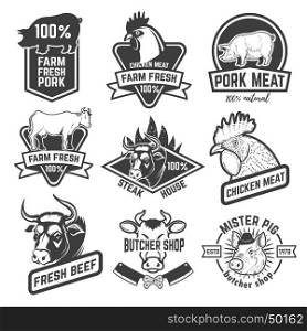 Beef, chicken, pork meat labels. Butchery. Design elements for logo, emblem, badge. Vector illustration