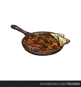 Beef fajitas with color pepper in pan isolated sketch. Vector Mexican food with tortilla and sauce. Fajitas with bell pepper, tortillas sauce isolated