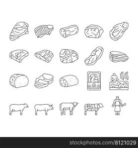 Beef Meat Nutrition Production Icons Set Vector. Shank And Steak, Chuck And Round, Bacon And Ham Beef Meat In Package, Bbq Fried And Grilled Food Cooked From Farm Animal Black Contour Illustrations. Beef Meat Nutrition Production Icons Set Vector