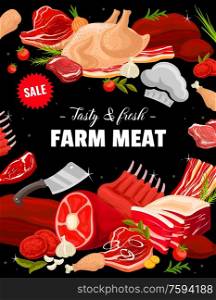Beef, pork, ham, bacon and turkey meat. Vector steaks, bacon stripes and ham, chicken legs, turkey and lamb sirloin, veal, lamband beef meat, butcher knife, spices and herbs. Butcher shop products. Beef, pork, ham, bacon and turkey meat