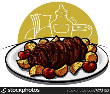 Beef roulade with roasted potato and tomato