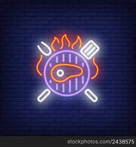 Beef steak on barbeque grill neon sign. Grill, barbeque, dinner concept. Advertisement design. Night bright neon sign, colorful billboard, light banner. Vector illustration in neon style.