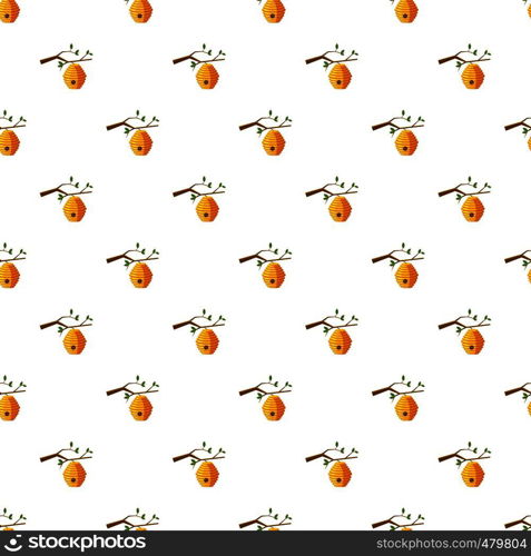 Beehive on tree pattern seamless repeat in cartoon style vector illustration. Beehive on tree pattern