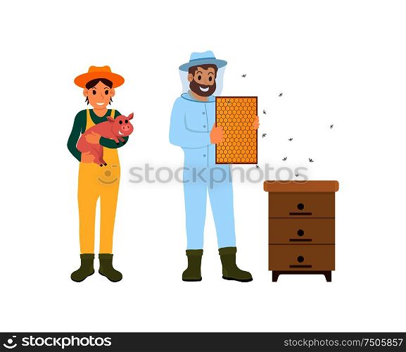 Beekeeper and woman with pig, farming people icons set vector. Farmer holding small piglet in hands. Beekeeping working man with bees and honeycomb. Beekeeper and Woman with Pig Vector Illustration