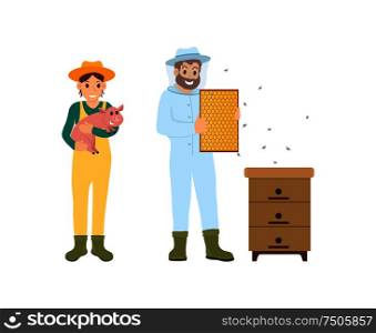 Beekeeper and woman with pig, farming people icons set vector. Farmer holding small piglet in hands. Beekeeping working man with bees and honeycomb. Beekeeper and Woman with Pig Vector Illustration