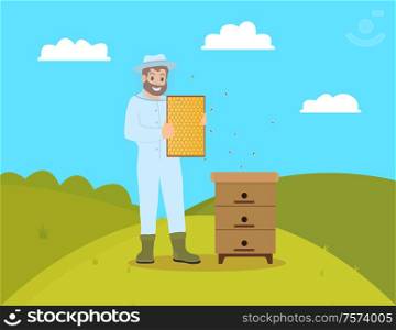 Beekeeper beekeeping man wearing gloves and mask. Farmer male holding honeycomb and tending bees. Rural worker, apiculturist on fields hill vector. Beekeeper Beekeeping Male Vector Illustration