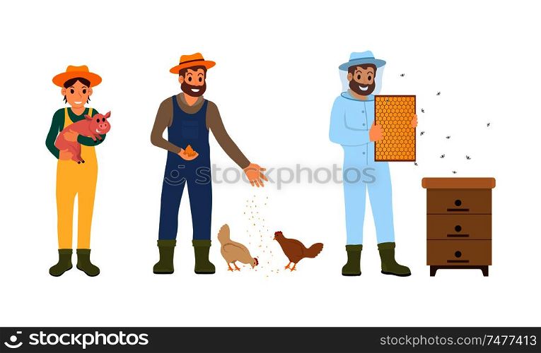 Beekeeper farming people set vector. Breeding of domestic animals and feeding chickens. Man and woman with piglet on hands, apiarist male in uniform. Beekeeper Farming People Set Vector Illustration