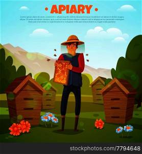 Beekeeper in protective hat with honeycombs between flowers and beehives on mountain background cartoon vector illustration. Beekeeper With Honeycombs Cartoon Illustration