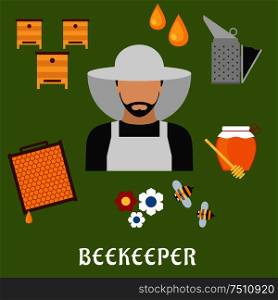 Beekeeper profession flat icons. Beekeeper man in hat, encircled by honey drops, wooden beehives, honeycomb frame, flowers, honey jar with dipper, smoker and bees. Beekeeping industry usage