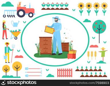 Beekeeping and agriculture vector, man wearing uniform caring for bees, apiary business of farmer. Tractor and sunflower plantation, tree with fruits. Beekeeping Business, Farming Man with Bees Vector